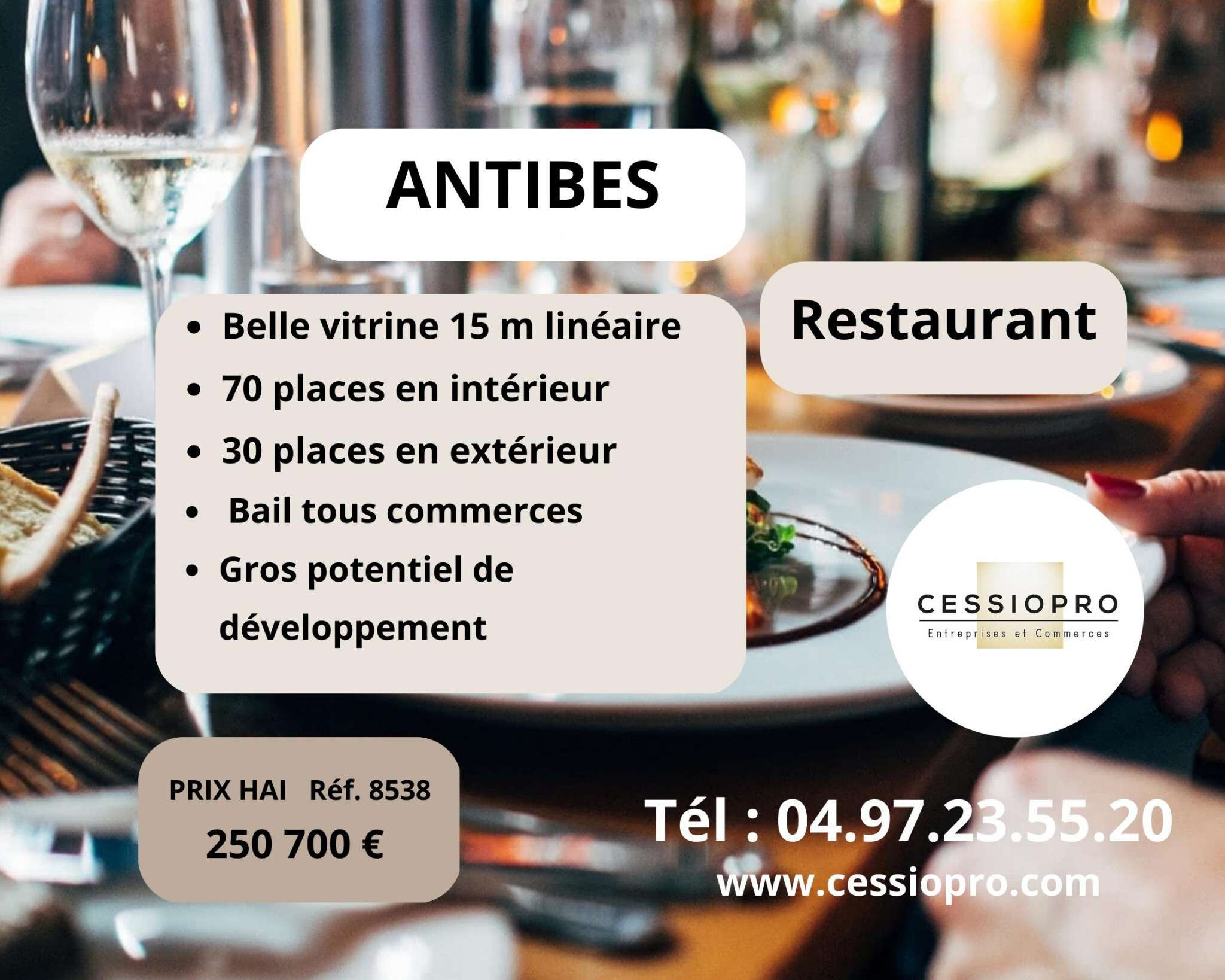 Vend grand restaurant exceptionnel 240m² à Antibes