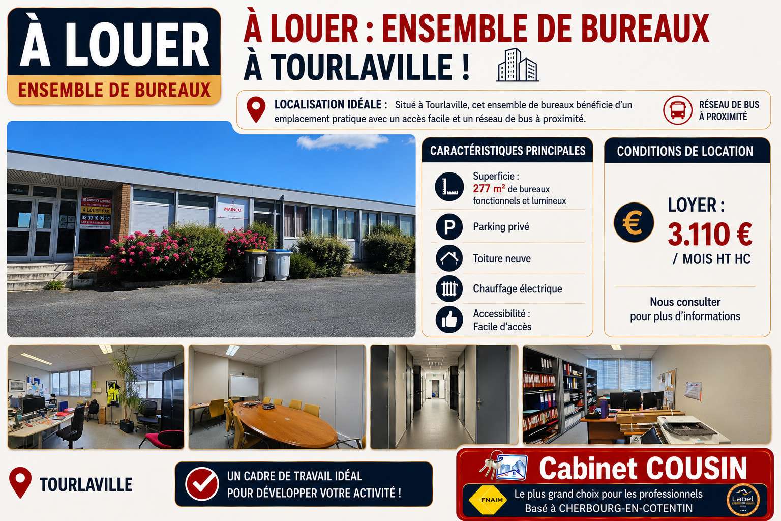 A louer bureaux 433m² empl pratique à Tourlaville