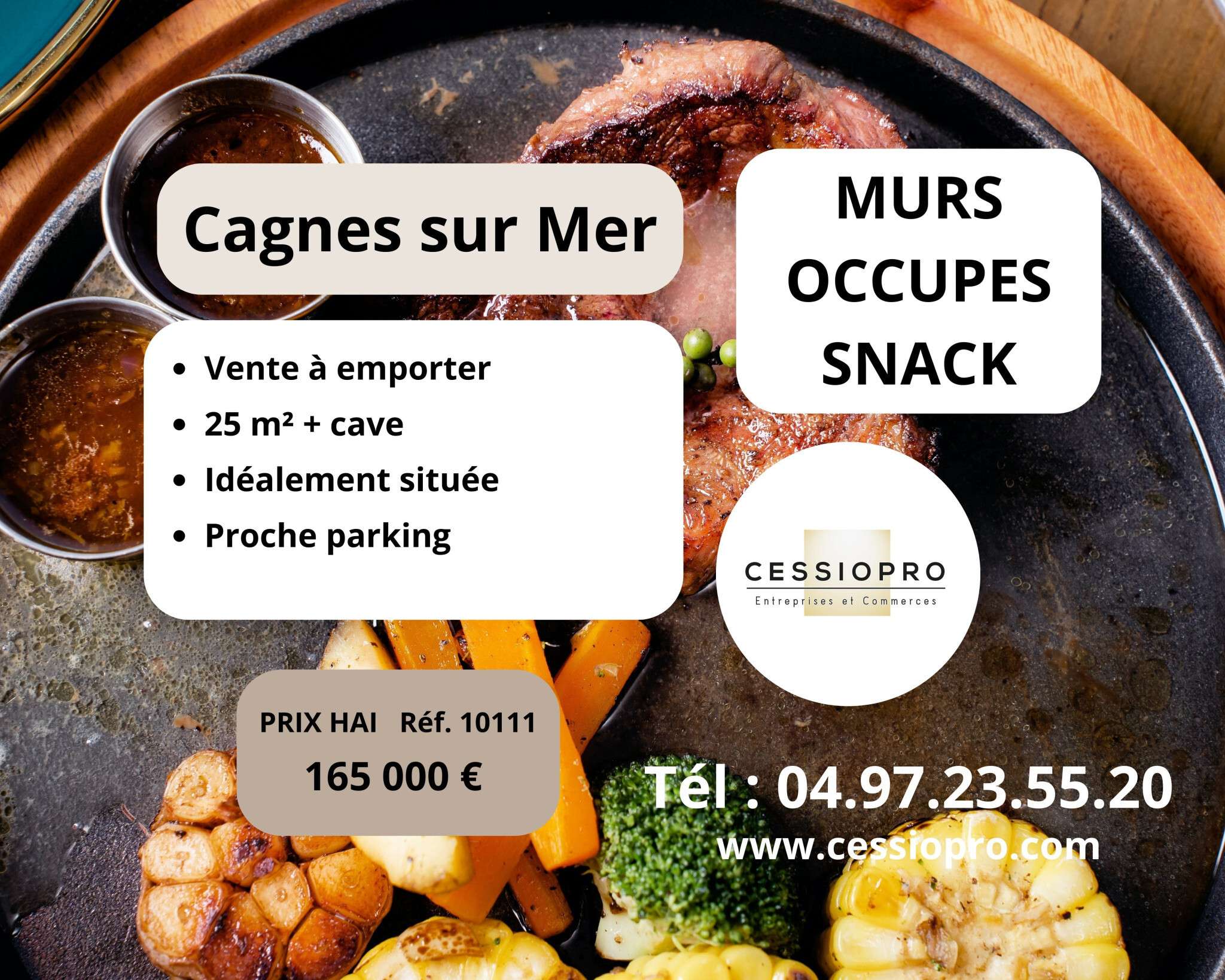 Murs occupés snack VAE  25m²+sous sol à Cagnes