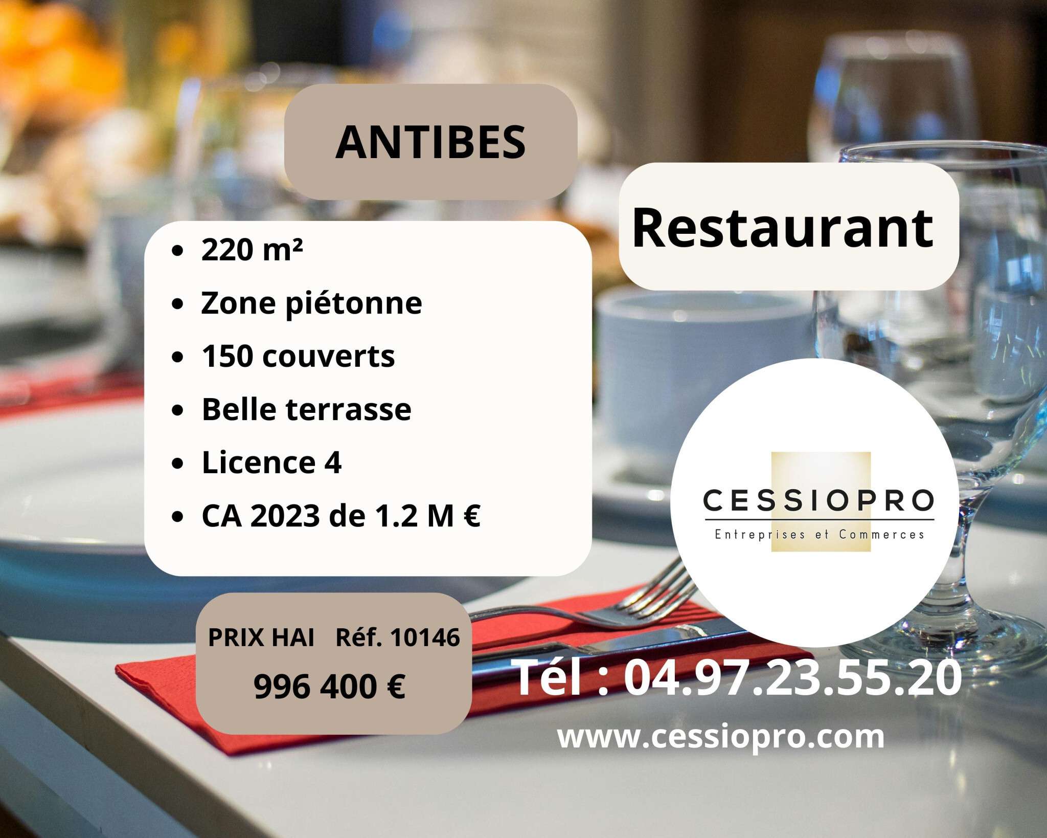 Vente restaurant réputé à Antibes zone piétonne