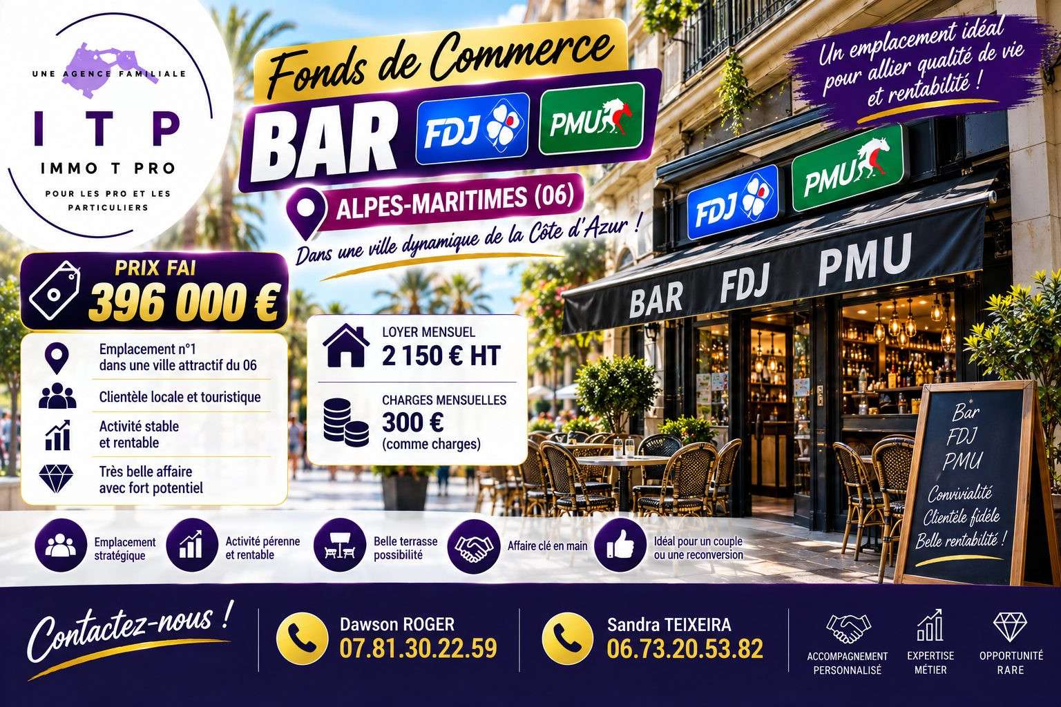 Vente beau bar PMU FDJ ville touristique 06