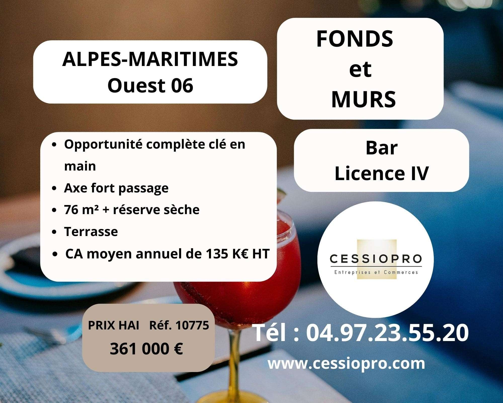 Cède bar lic IV + murs commerciaux Alpes-Maritimes