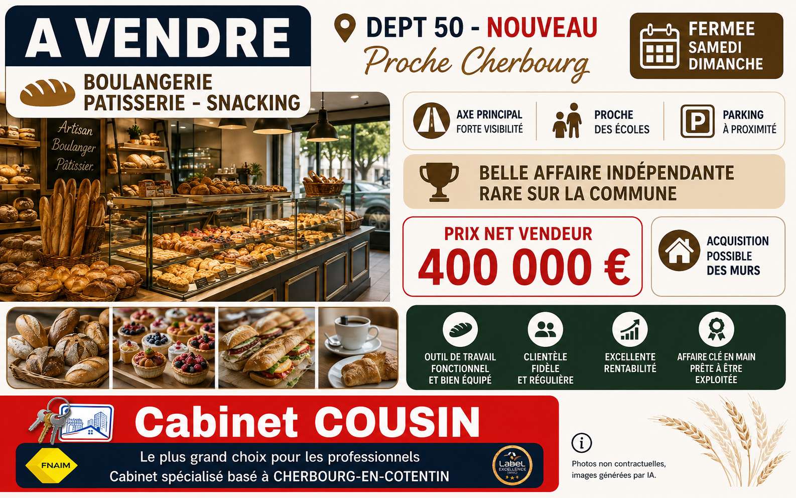 Vente boulangerie pâtisserie snack à Octeville