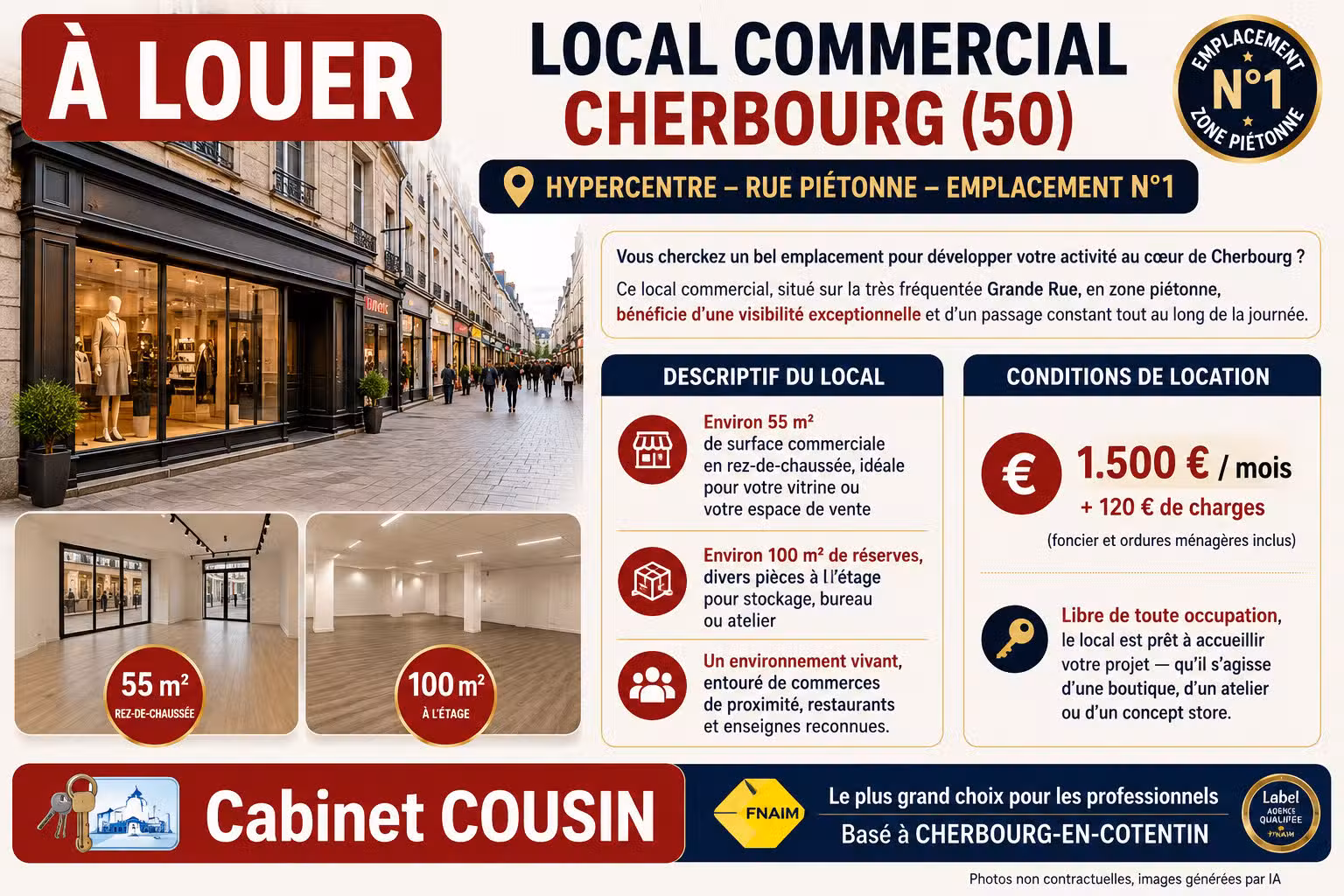 A louer pas de porte 55m² rue piétonne Cherbourg