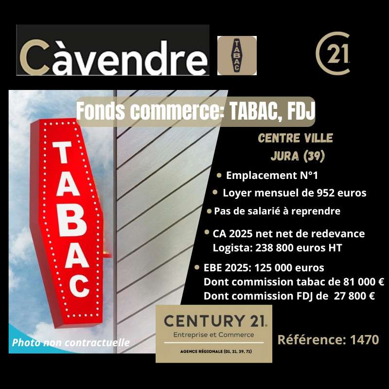 Vente FDC Tabac sec centre ville Jura 125 kE d'EBE