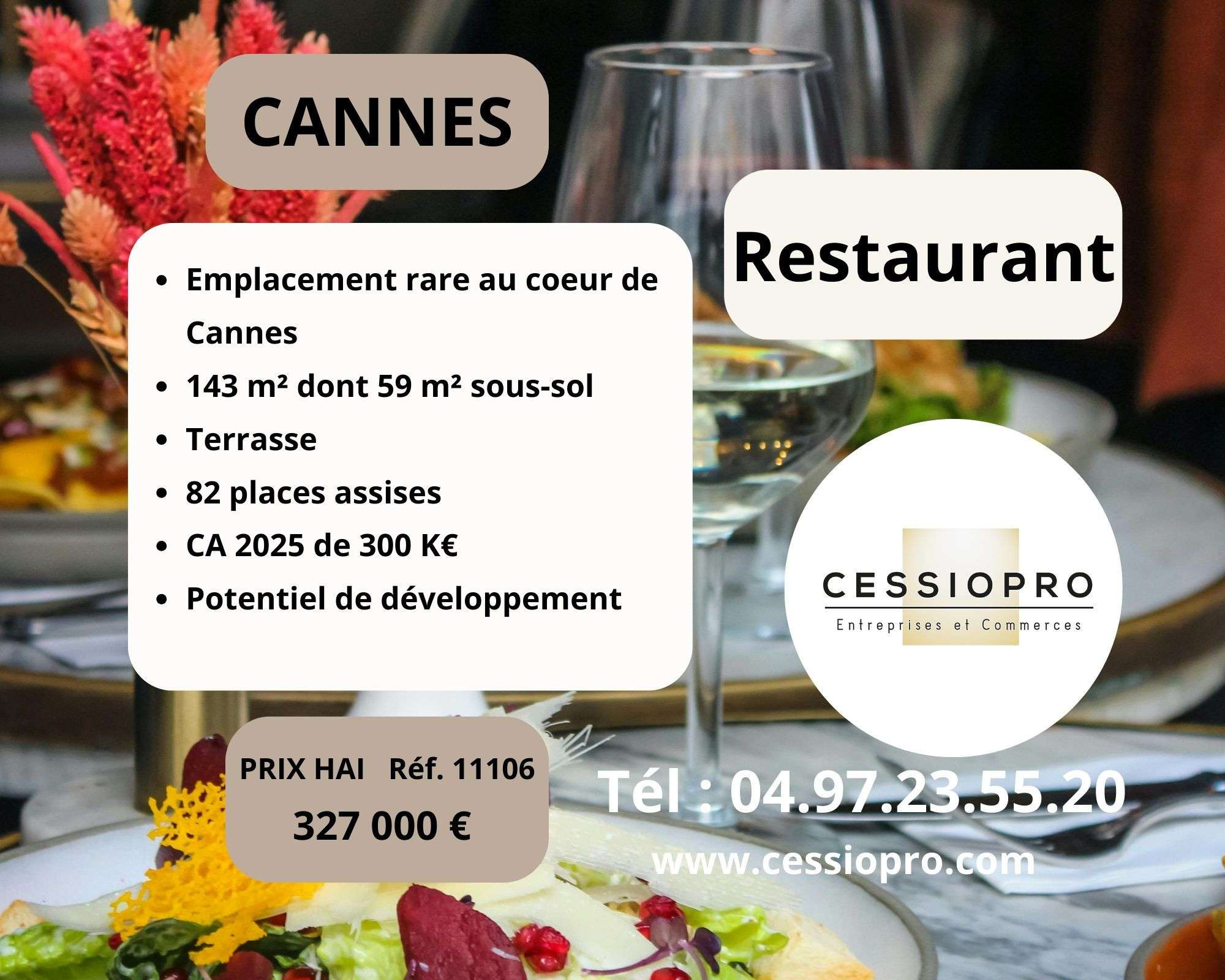 Vente restaurant avec terrasse ensoleillée Cannes