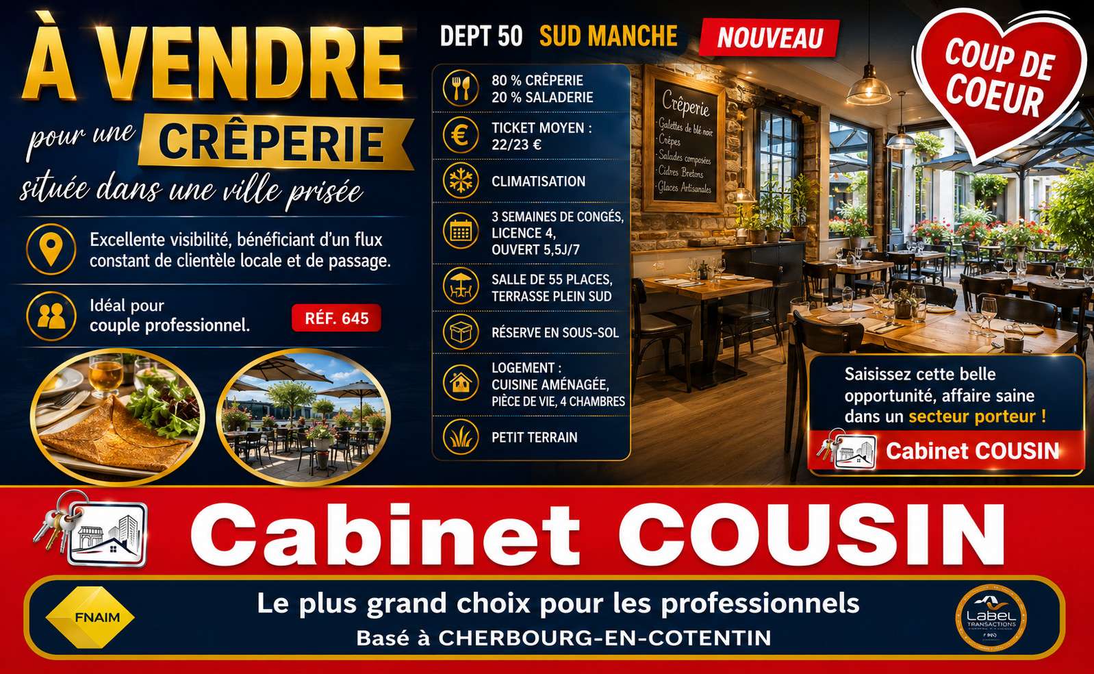 Vente crêperie dans ville prisée du Sud Manche