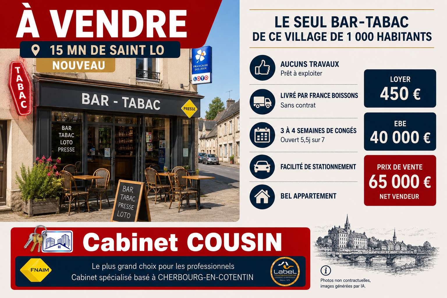 Vente bar tabac jeux village à 15 mn de Saint Lô