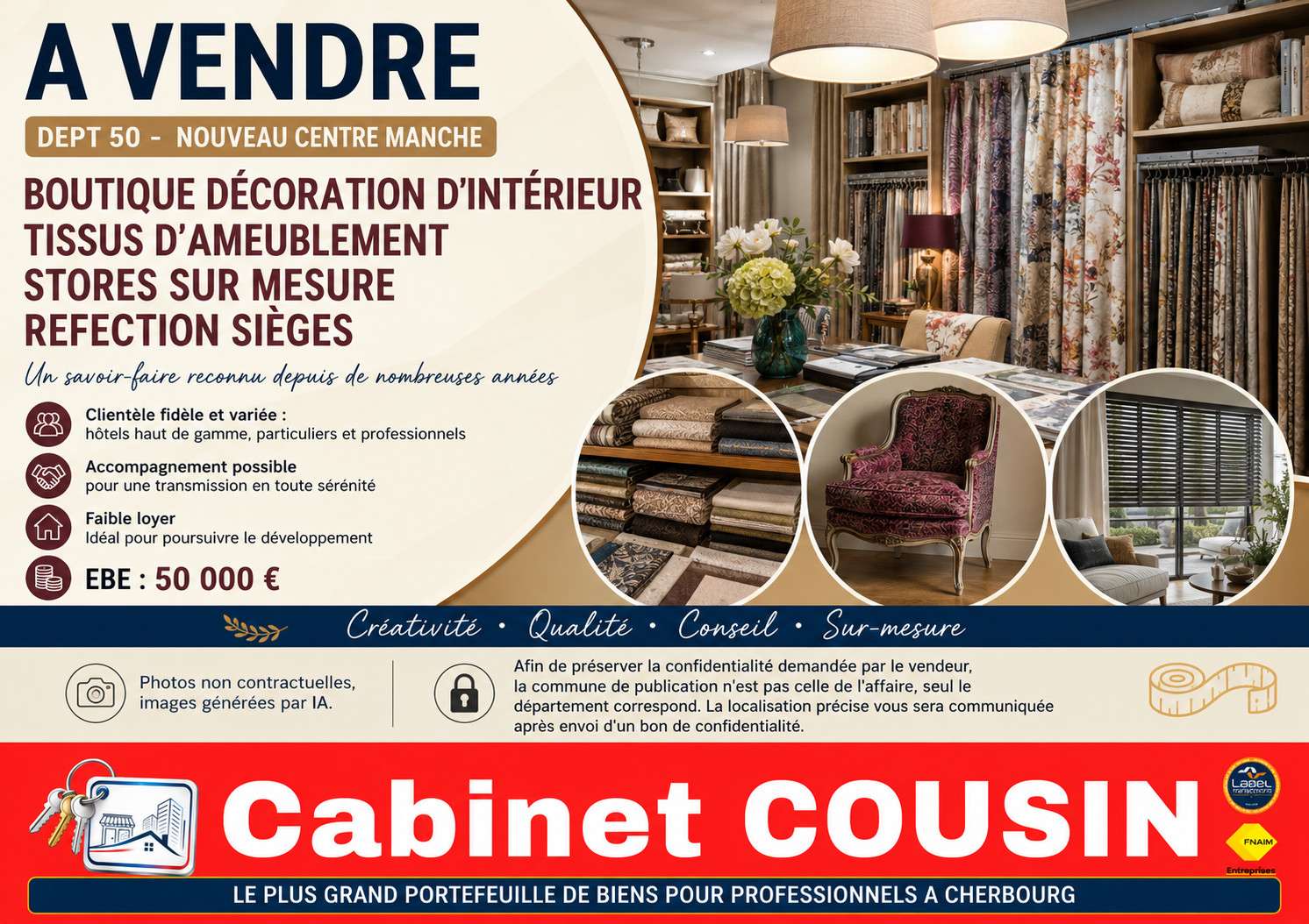 Vente boutique décoration-tissus-stores à Saint-Lô