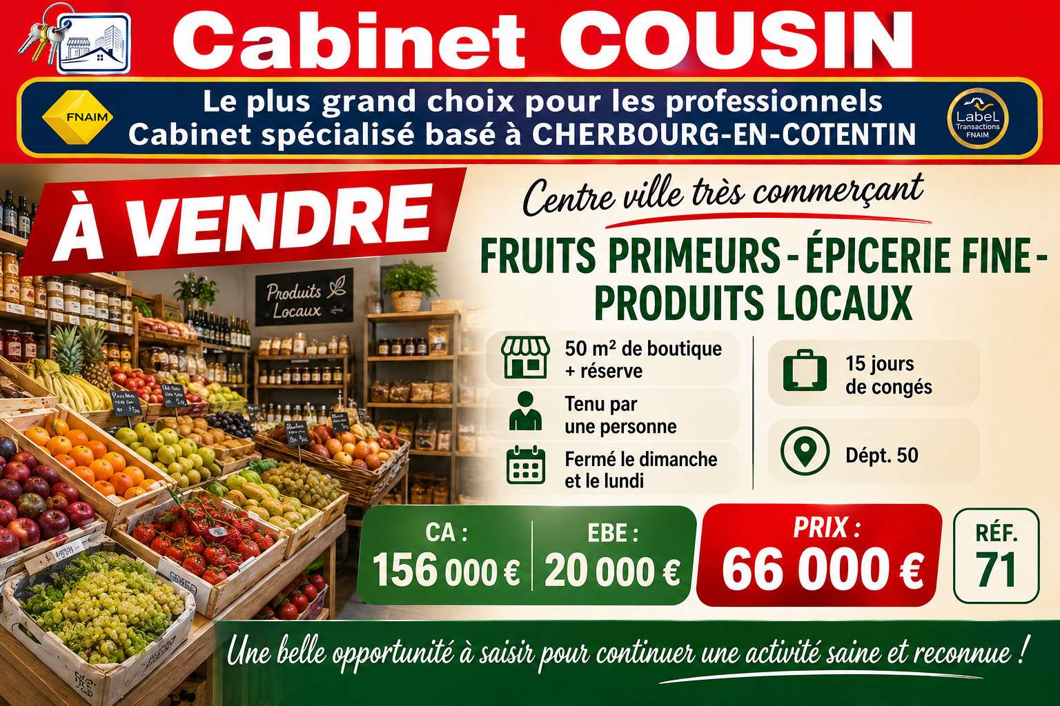 Vente épicerie fine en centre ville de Coutances