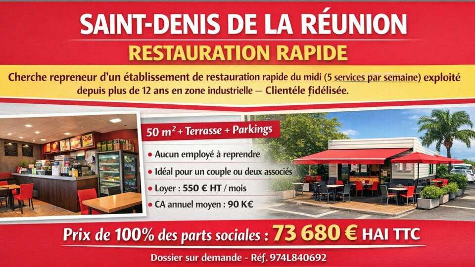 A vendre 100% parts sociales snack Saint Denis