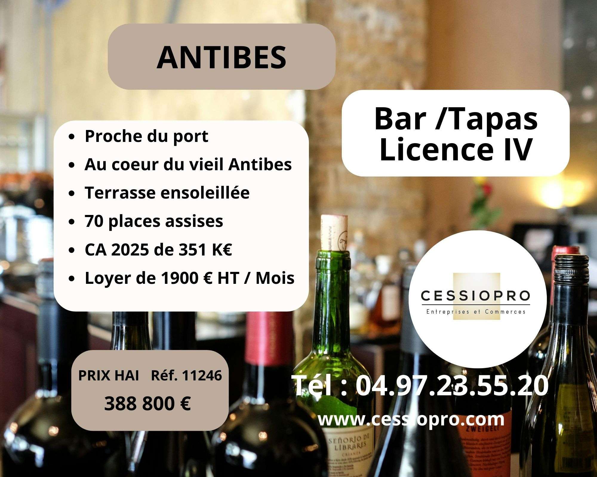 Vente bar tapas 82m² ensoleillé à Antibes centre