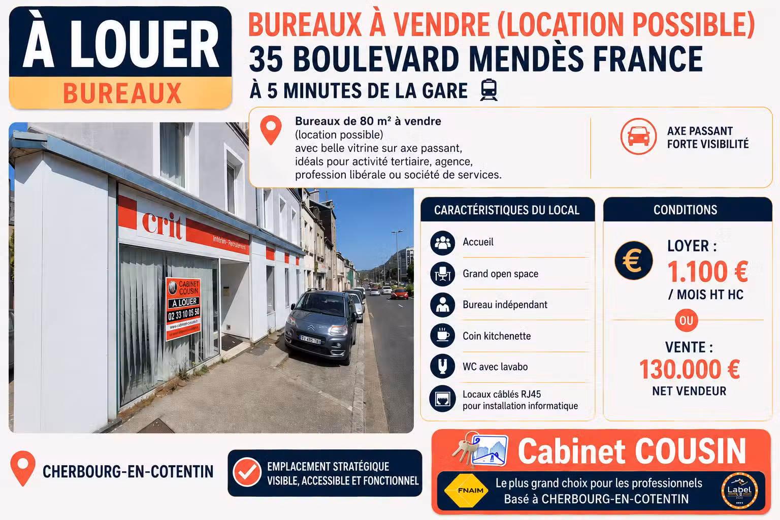 A louer bureaux de 80m² sur axe passant Cherbourg