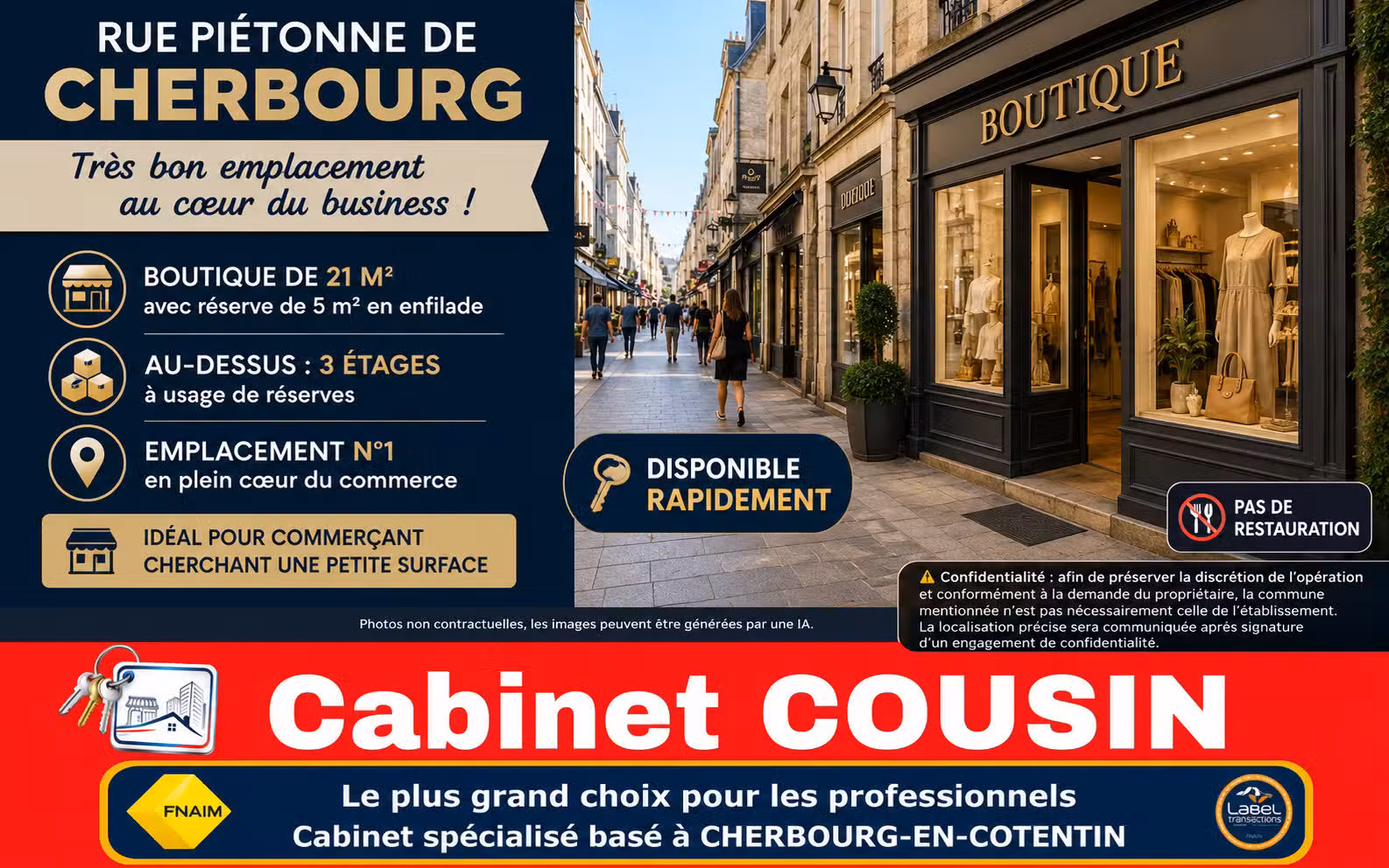 A louer pas de porte 21m² à Cherbourg rue piétonne