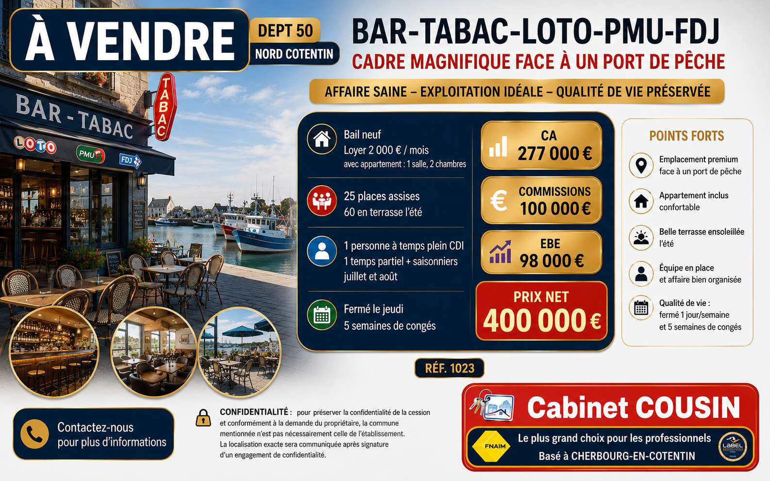 Vente bar Tabac Loto Presse PMU face port Valognes