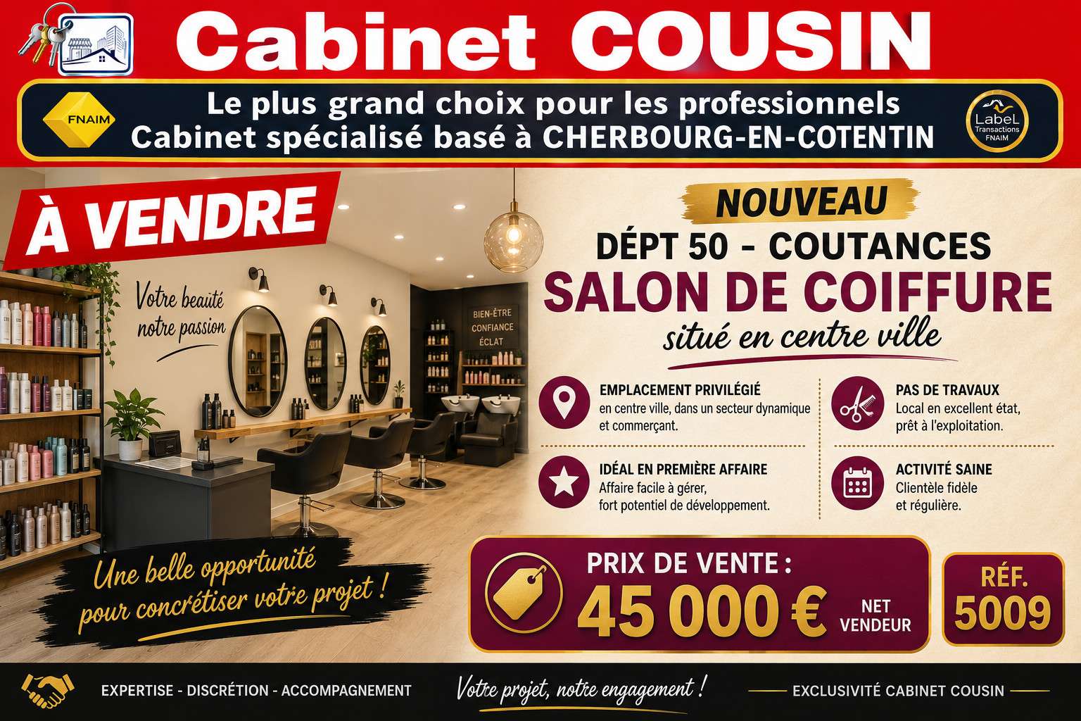Vente salon de coiffure mixte sur Coutances