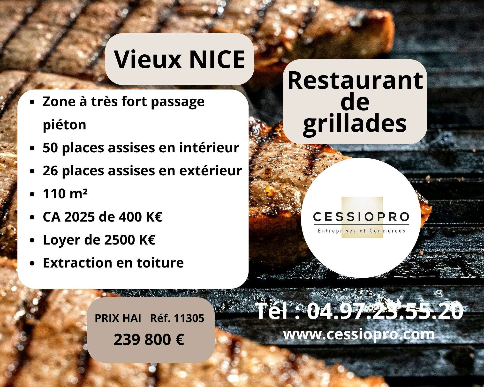 Restaurant de grillades 400 000 € de CA Vieux-Nice