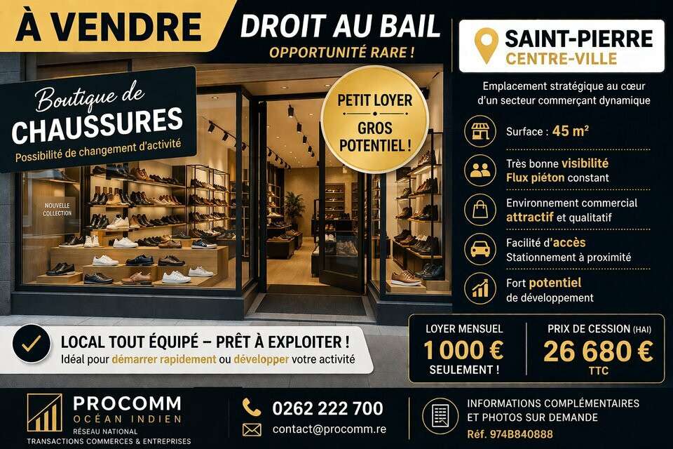 Cession droit au bail 45m² à Saint-Pierre centre