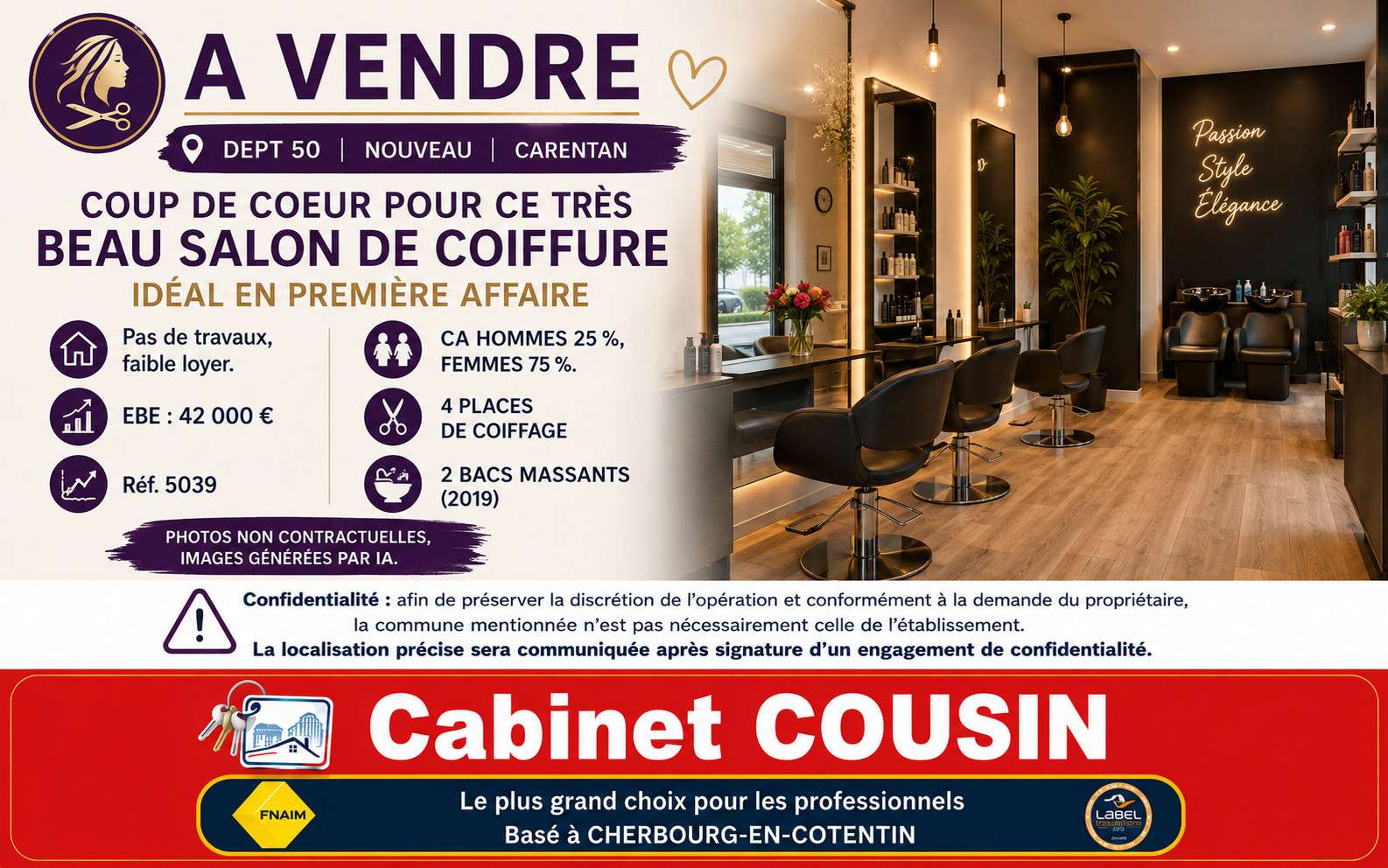 Vente très beau salon de coiffure mixte à Carentan