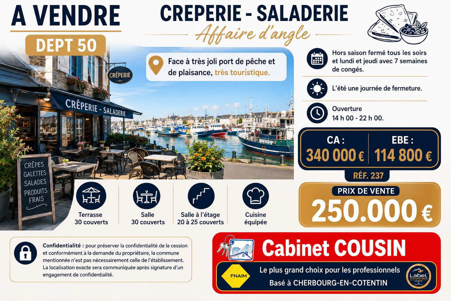 Vente crêperie d'angle face joli port de la Manche