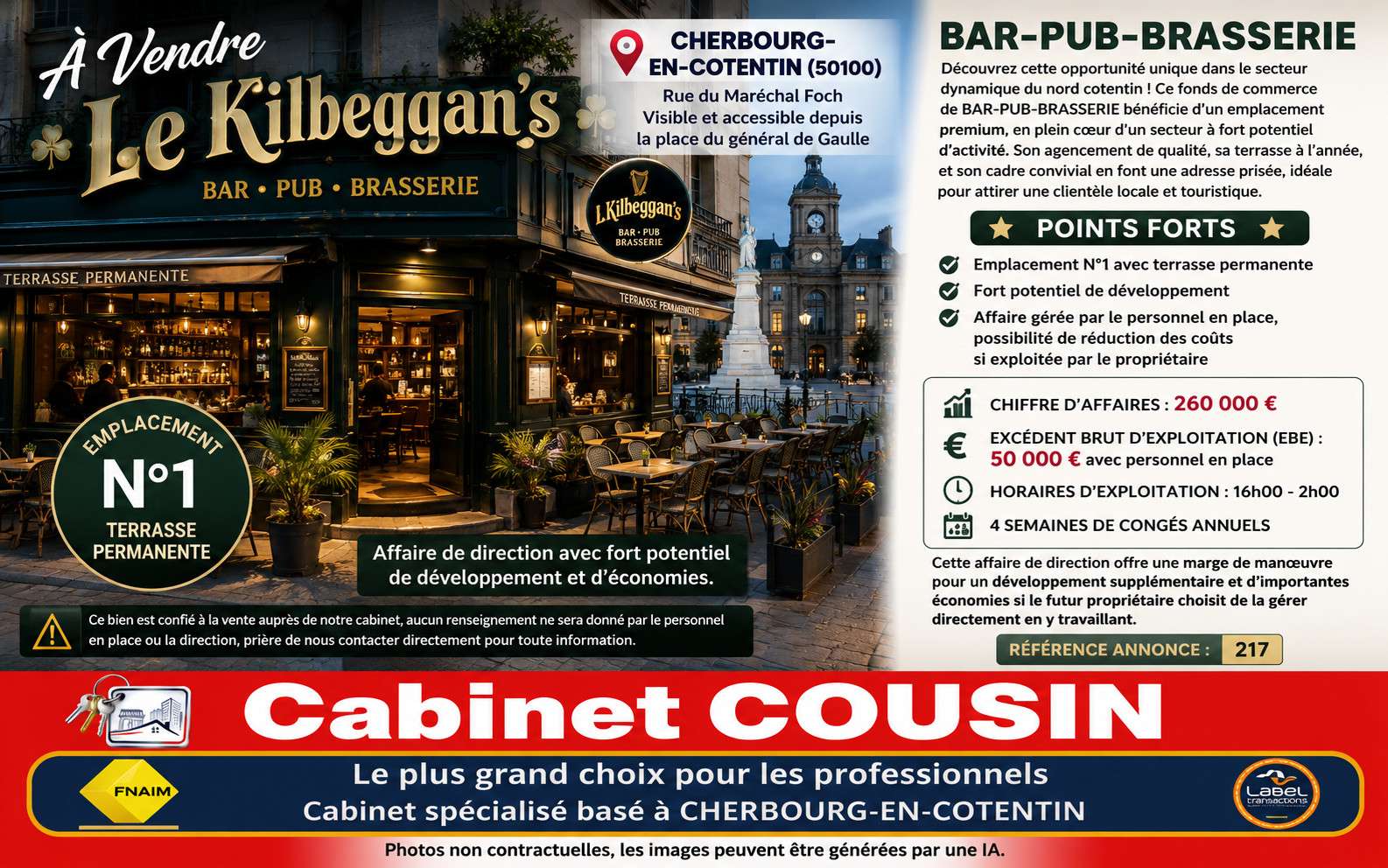 Vente bar pub brasserie Rue Foch à Cherbourg