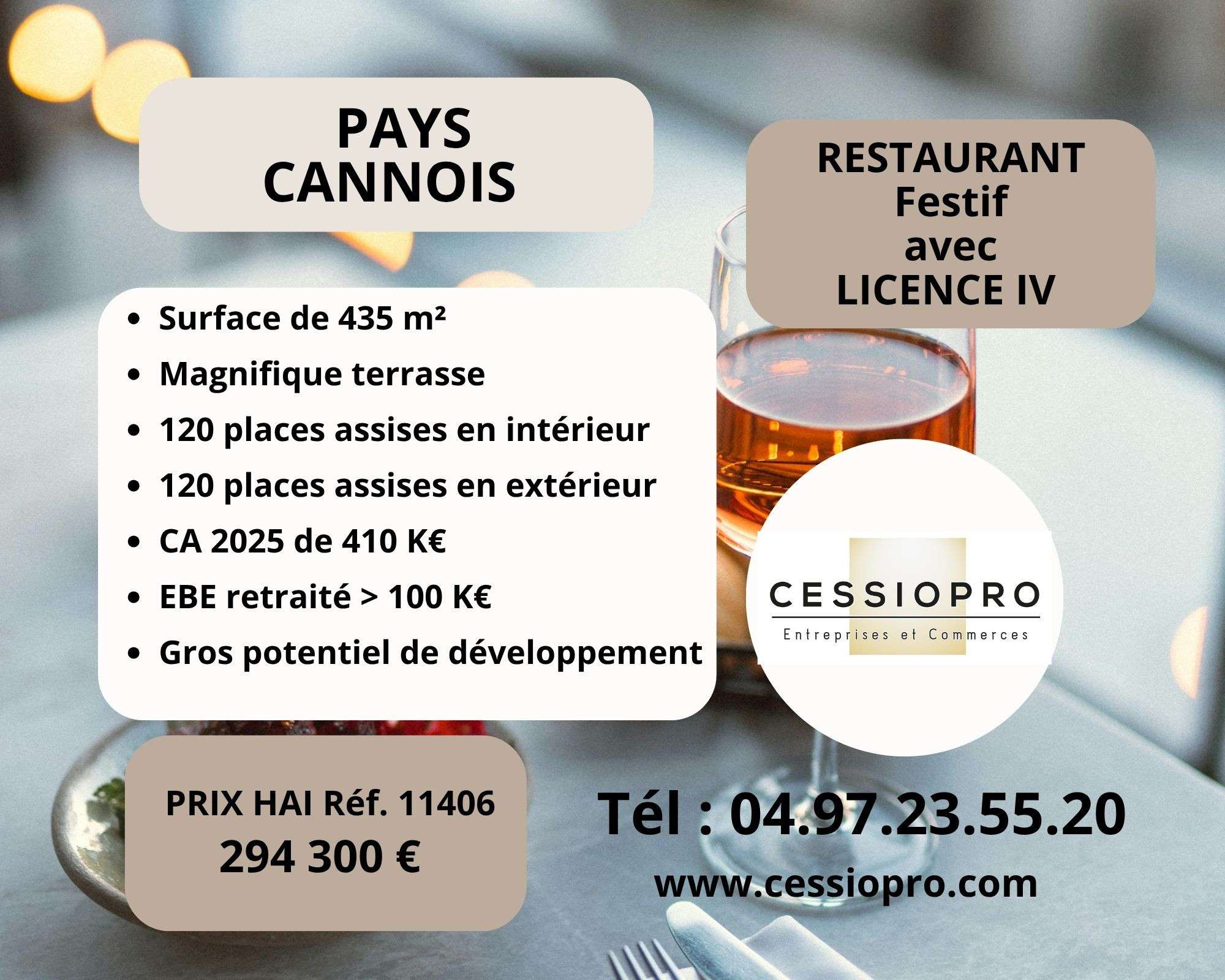 AV restaurant festif avec licence IV Pays Cannois