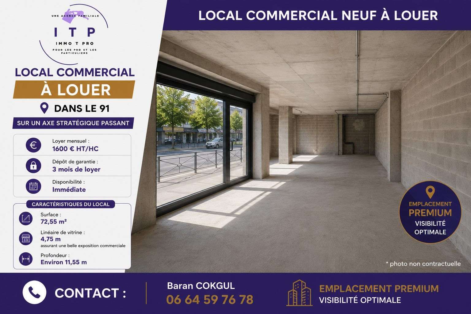 A louer local commercial de 72,55m² dept Essonne