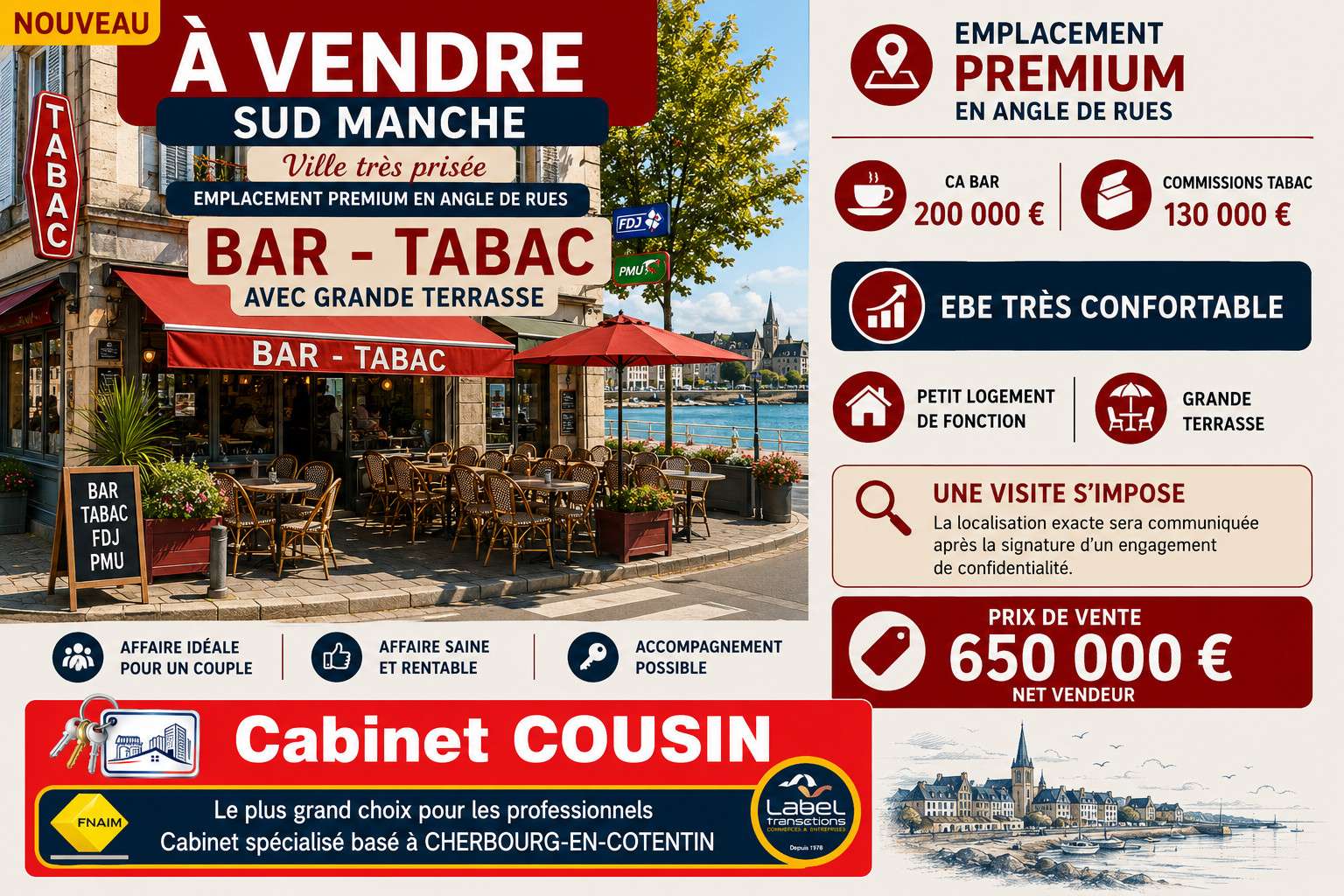 Vente bar tabac jeux ville très prisée Sud Manche