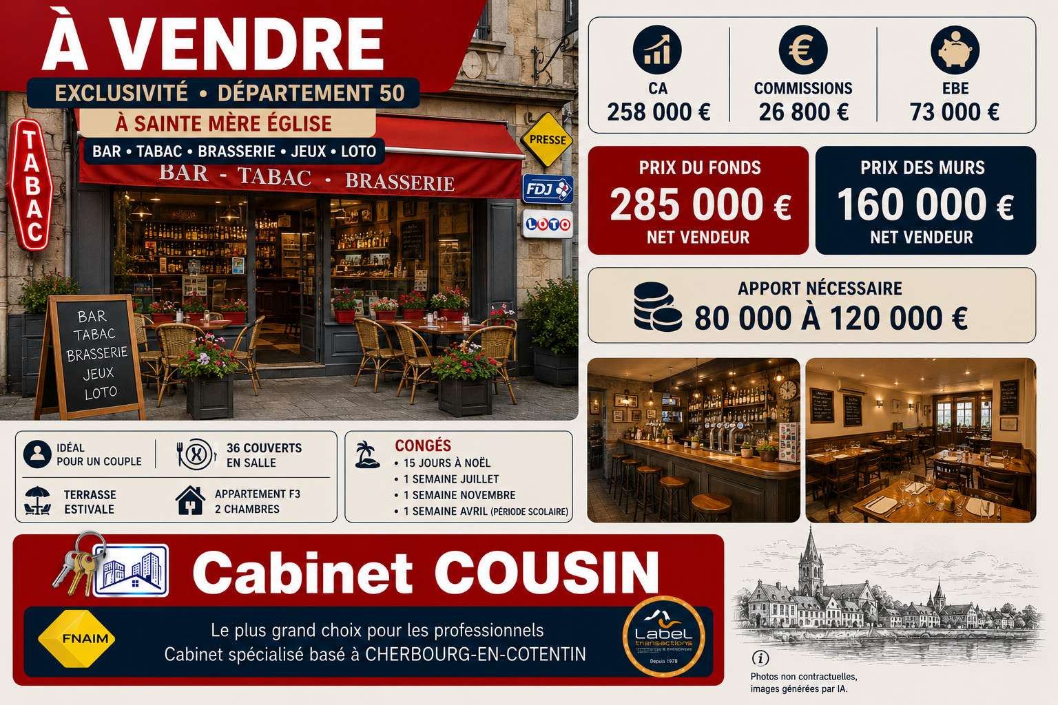 Vente bar tabac restaurant jeux Sainte Mère Eglise