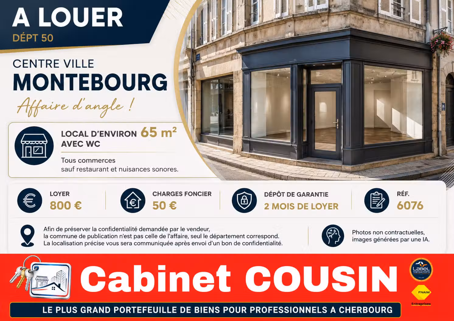 A louer pas de porte 65m² au centre de Montebourg