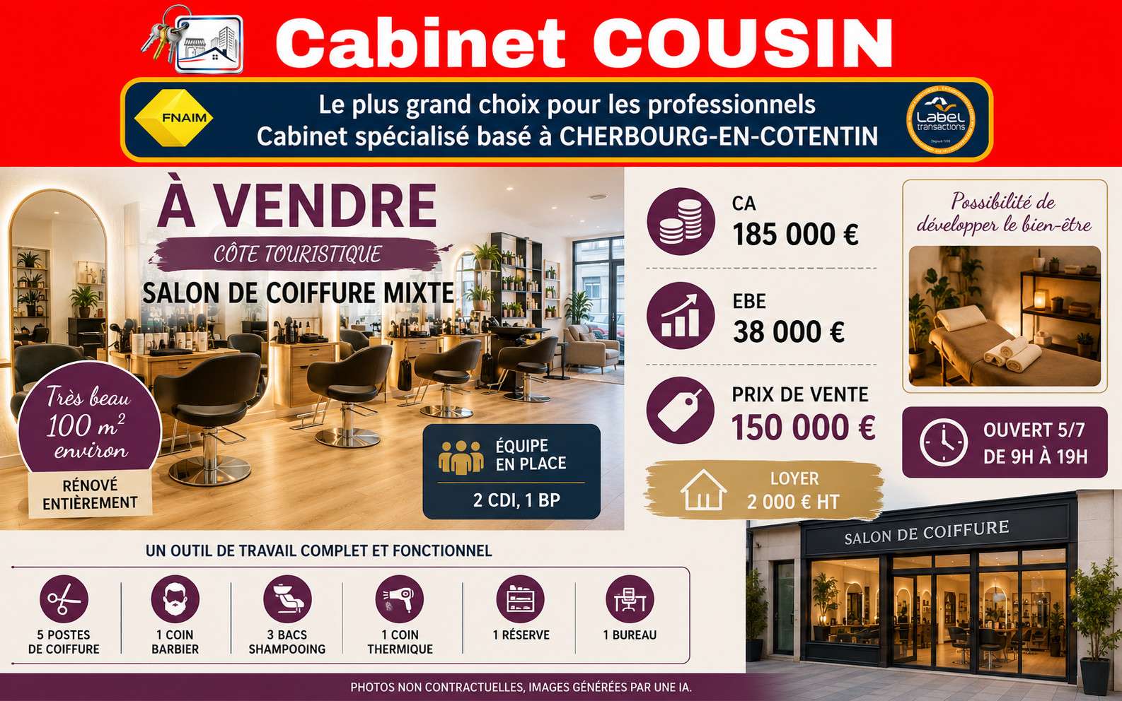 Vente salon de coiffure mixte côte touristique 50