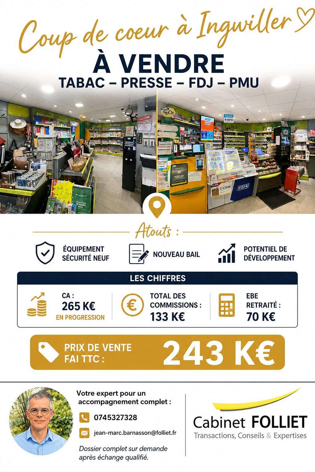 AV FDC tabac presse FDJ PMU 70m² Alsace Bossue