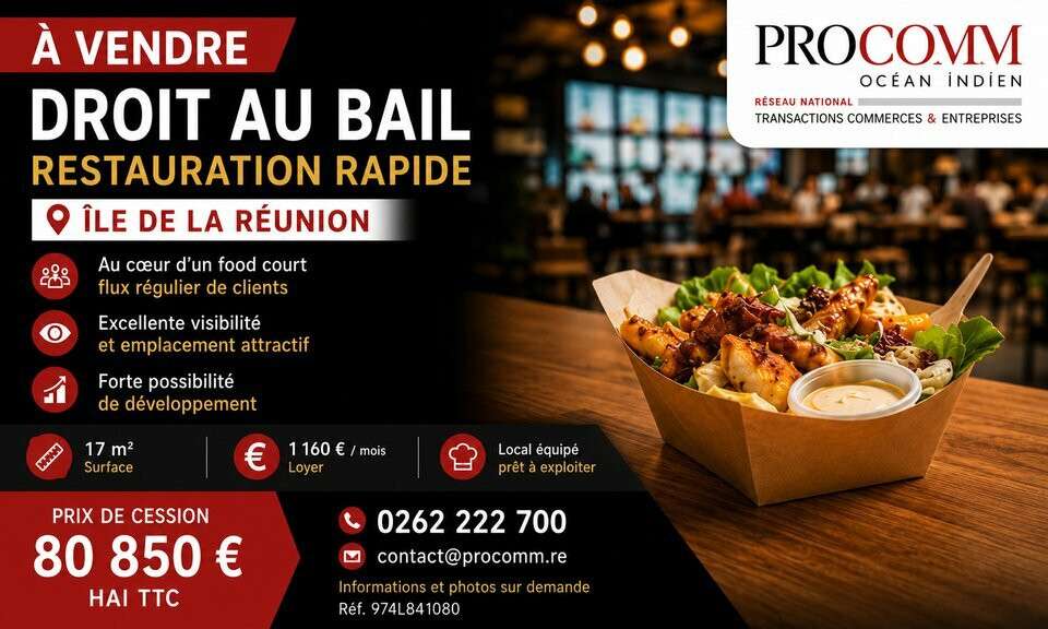 Droit au bail restaurant 17m² à vendre Saint-Denis