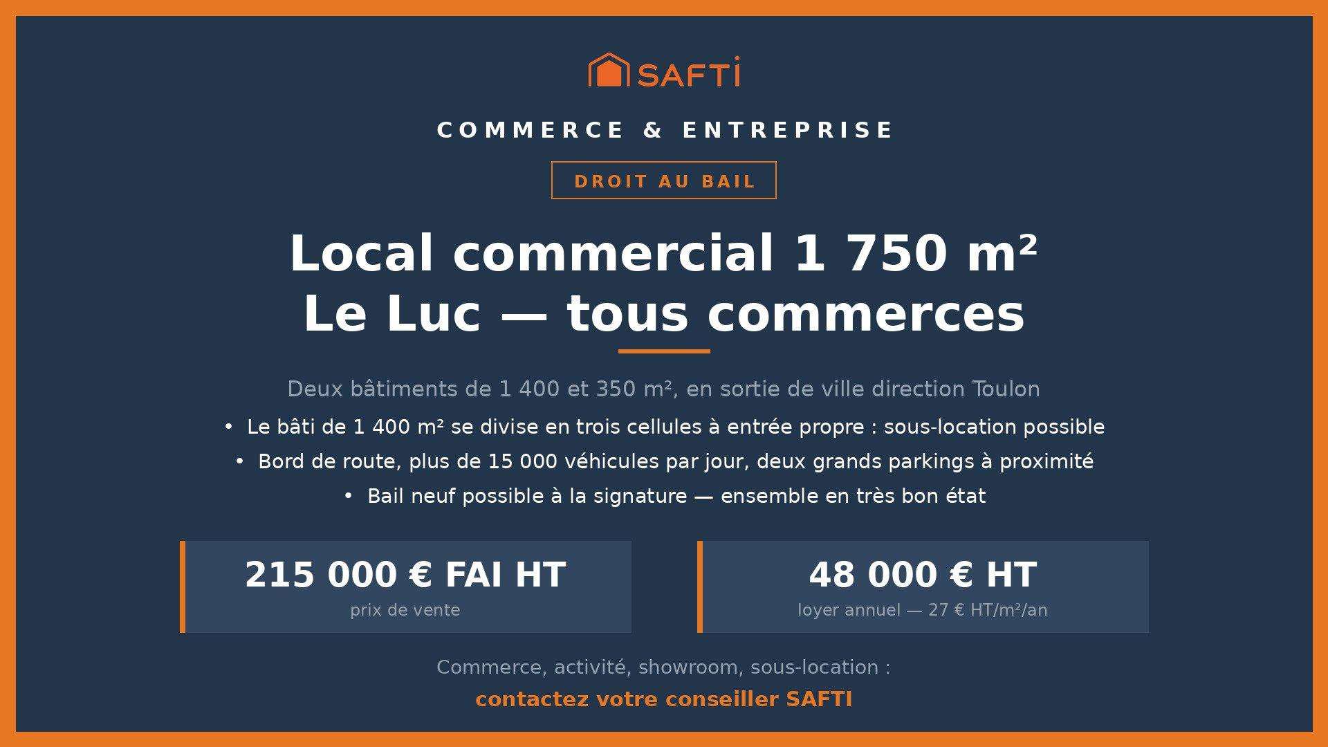 Cède droit au bail 1 750m² tous commerces Le Luc