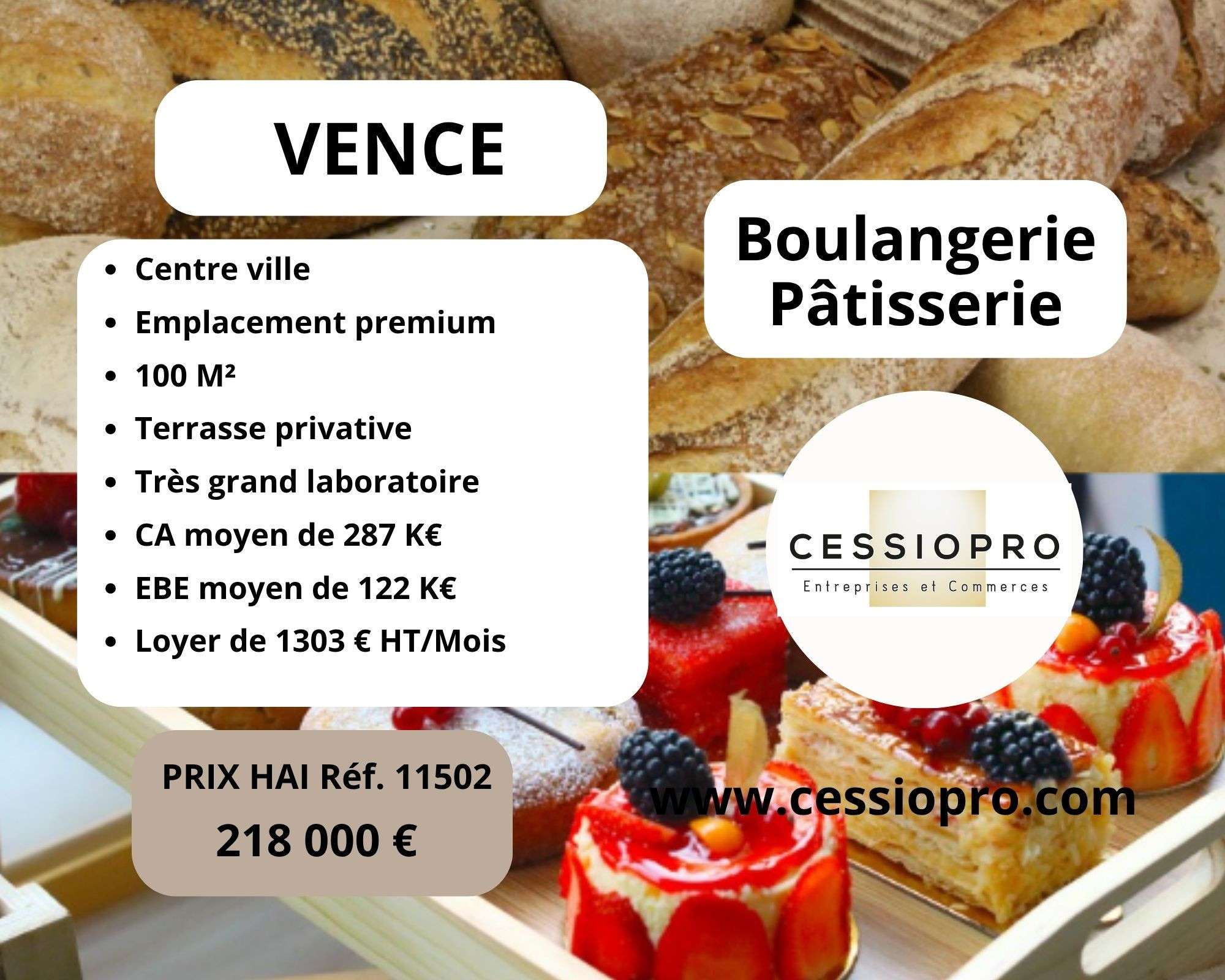 AV boulangerie pâtisserie 100m² + terrasse à Vence