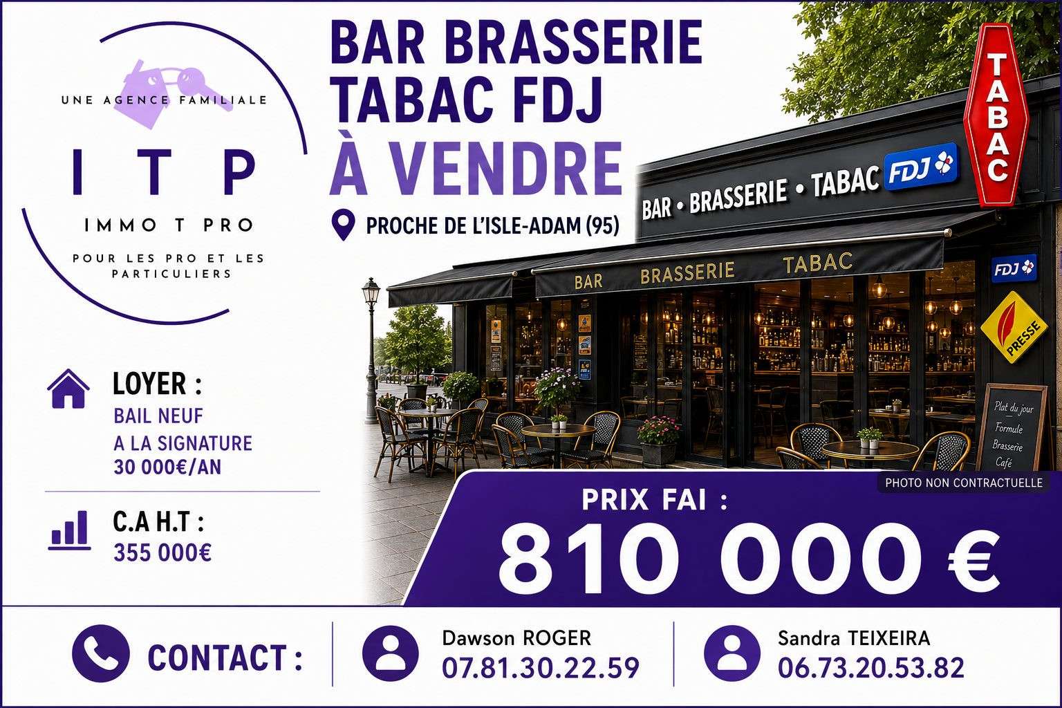 Cède magnifique bar brasserie tabac FDJ Val d'Oise