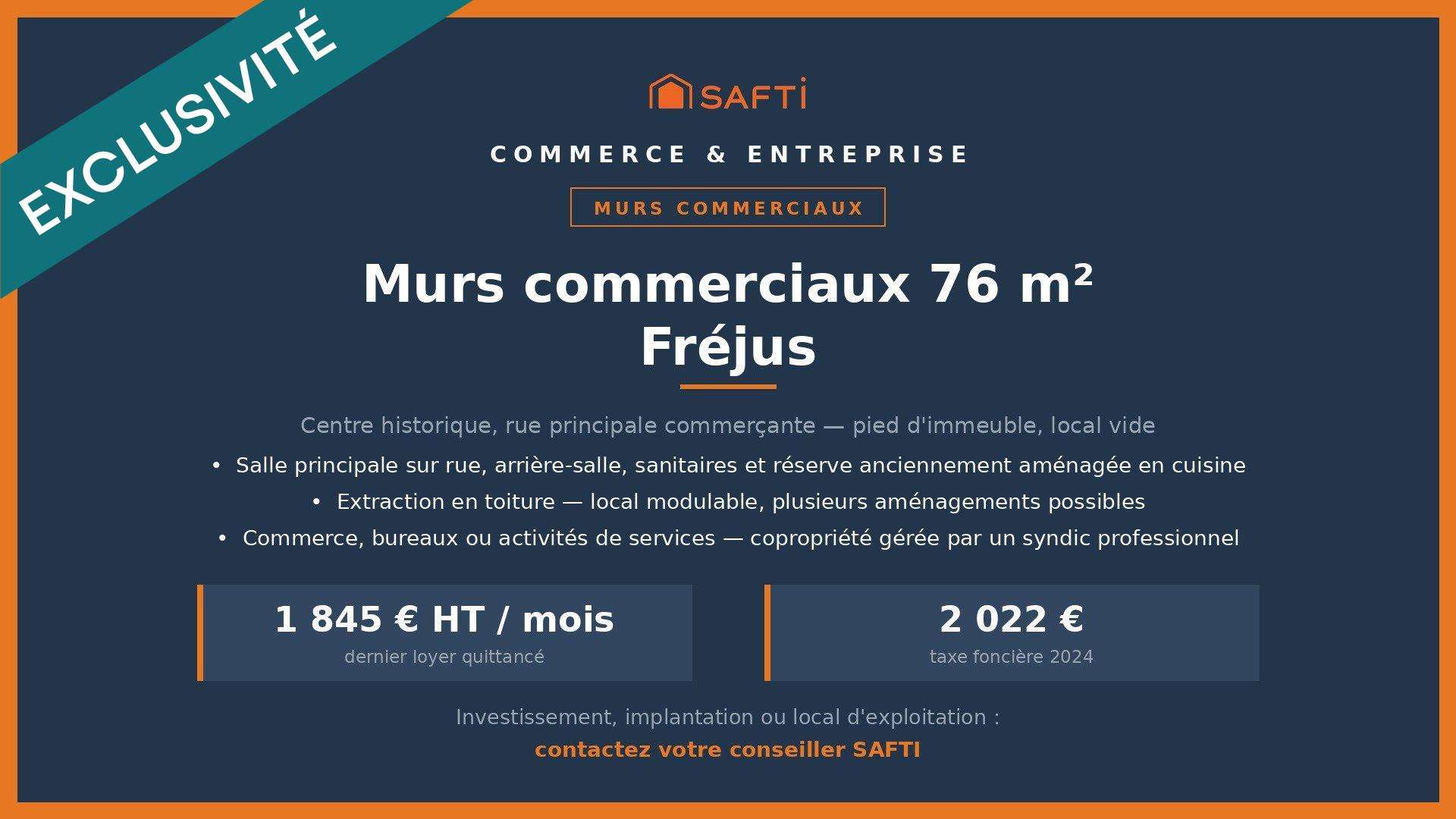 Vente murs commerciaux 76m² au centre de Fréjus