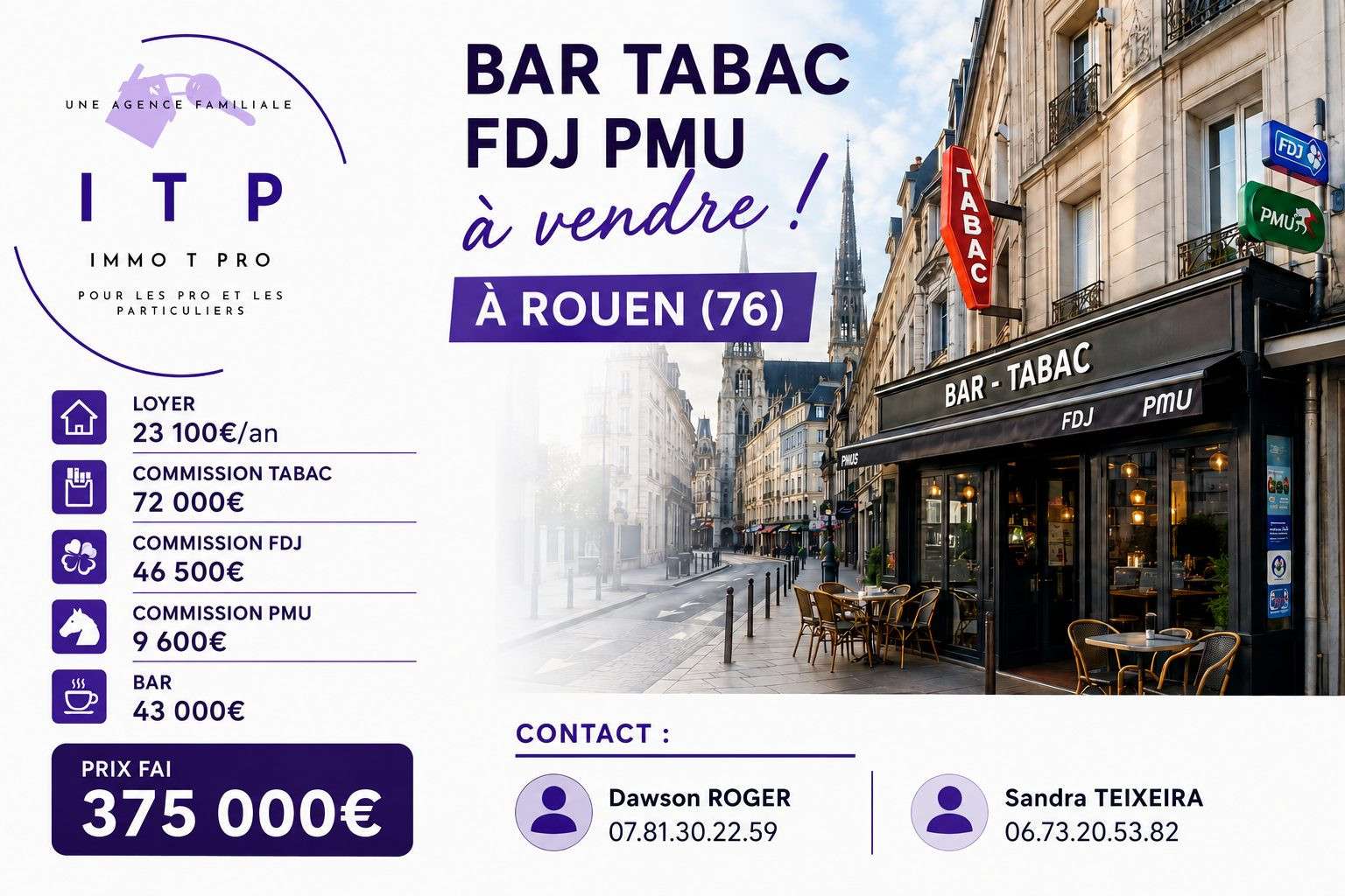 Vente bar tabac FDJ PMU en angle à Rouen