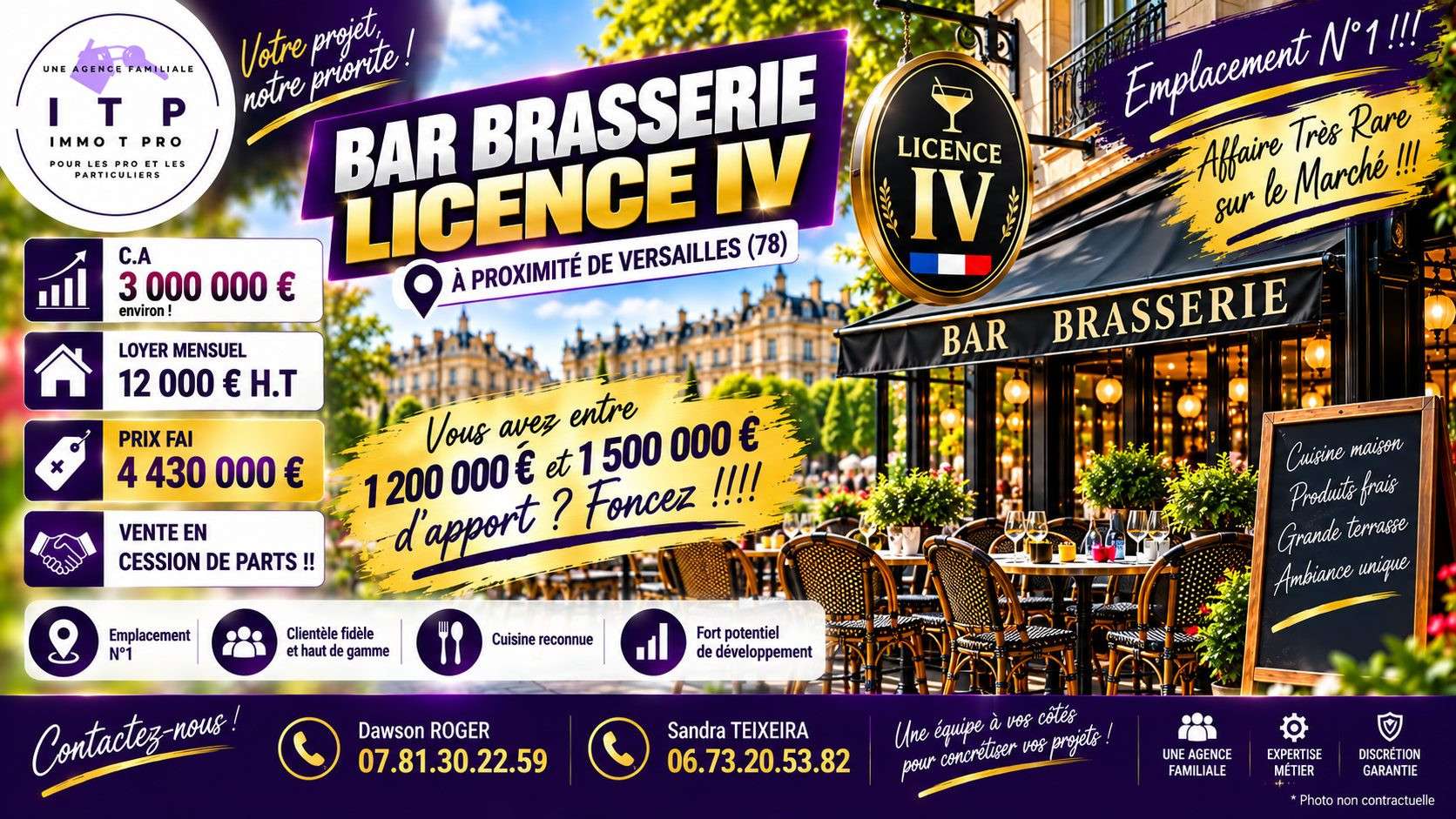 Vente magnifique bar brasserie en ville huppée 78