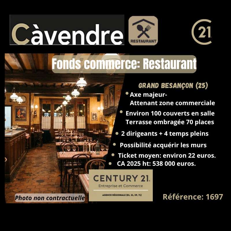 Vente restaurant 100 cvts au Grand Besançon
