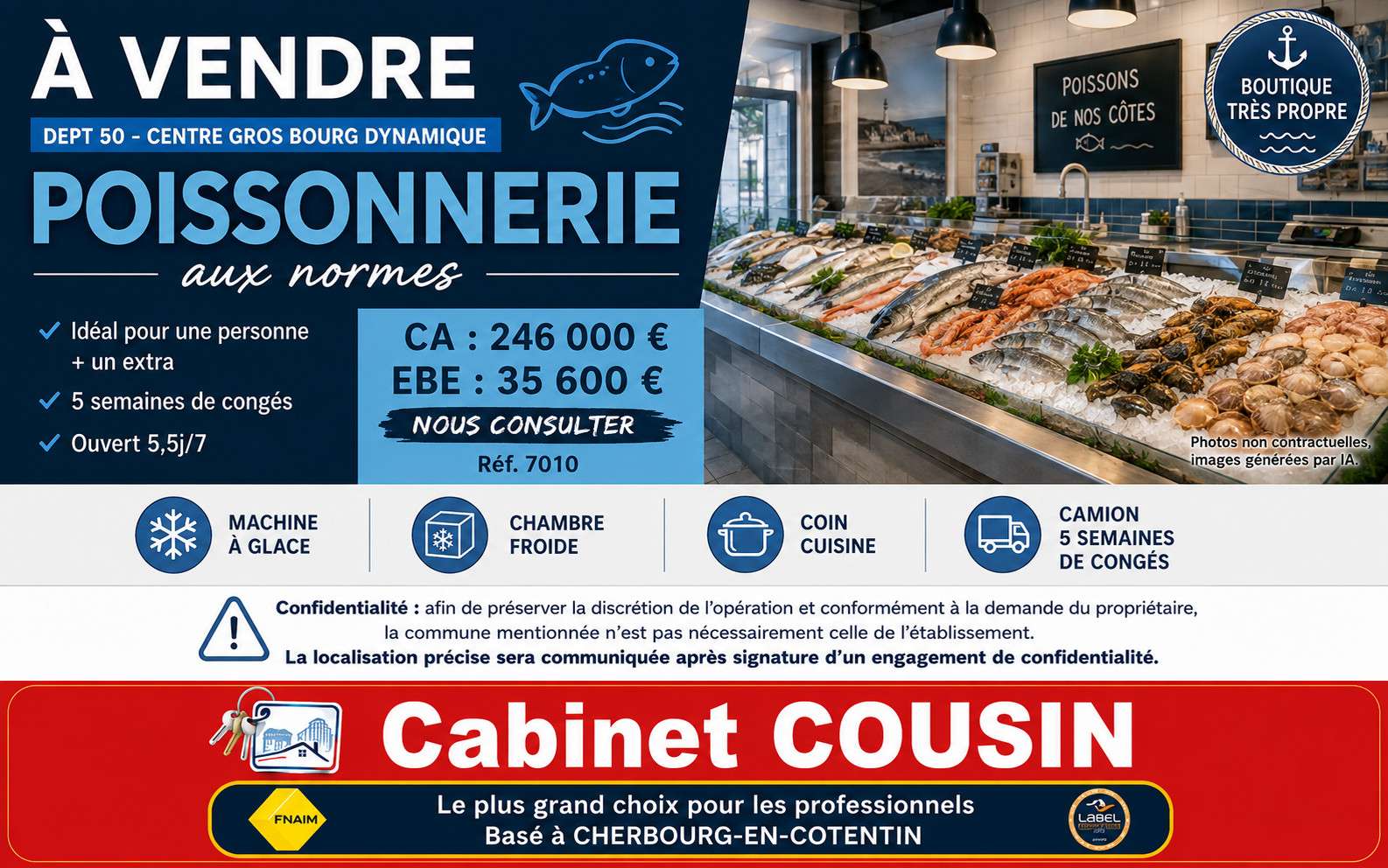 Vente poissonnerie gros bourg dynamique en Manche