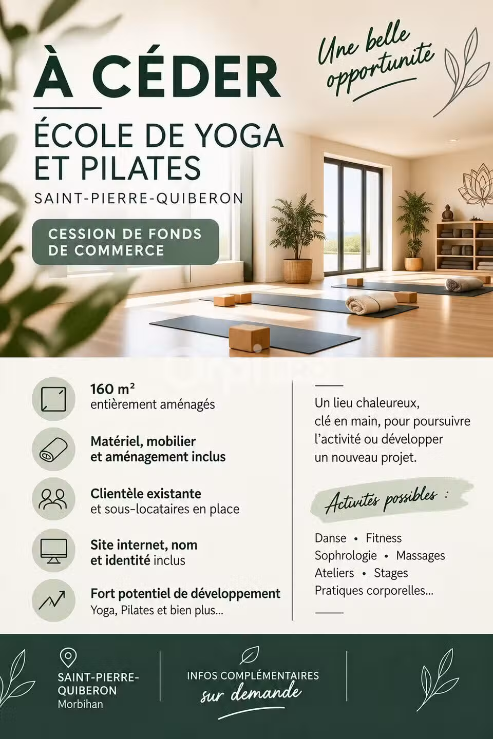 À céder école de yoga à Saint-Pierre-Quiberon