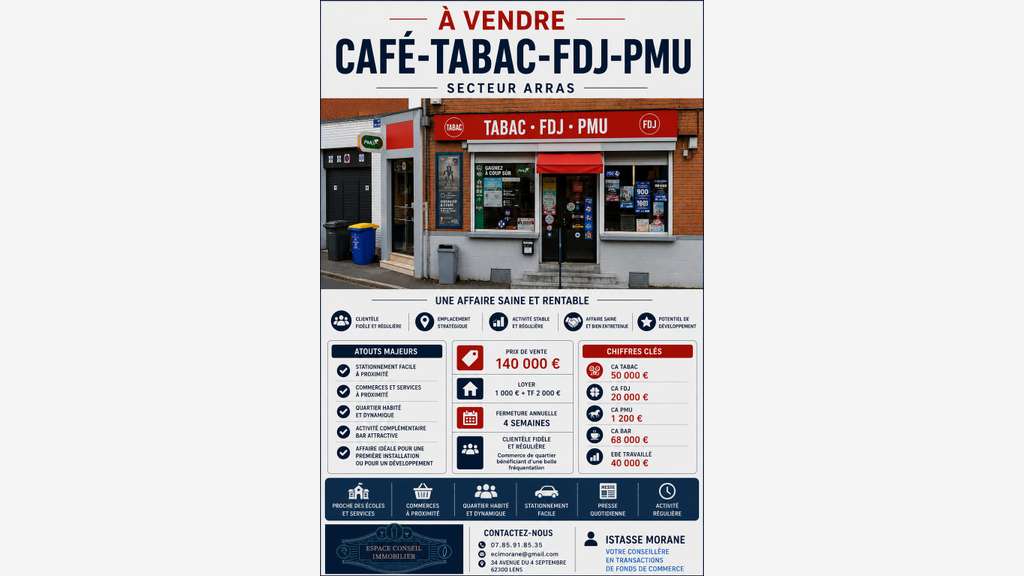 Vente café tabacs FDJ PMU grand logement sur Arras