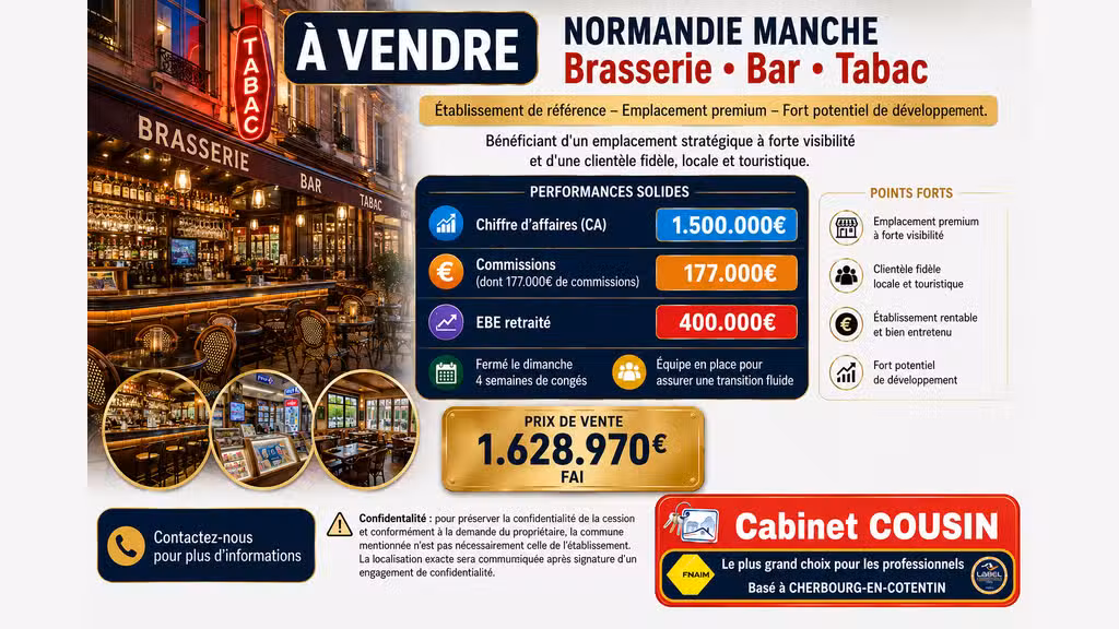 Vente bar brasserie tabac empl premium en Manche