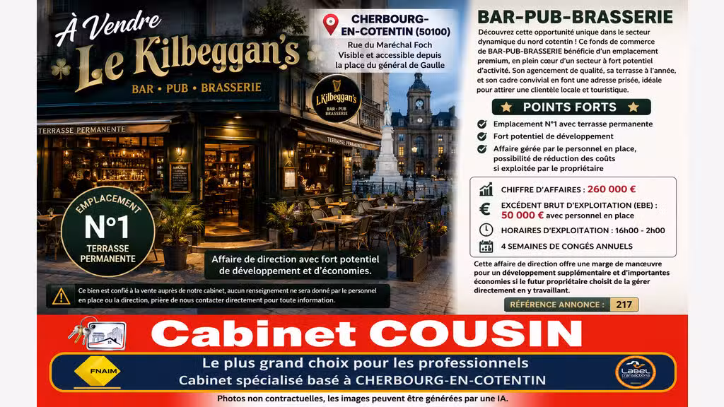 Vente bar pub brasserie Rue Foch à Cherbourg