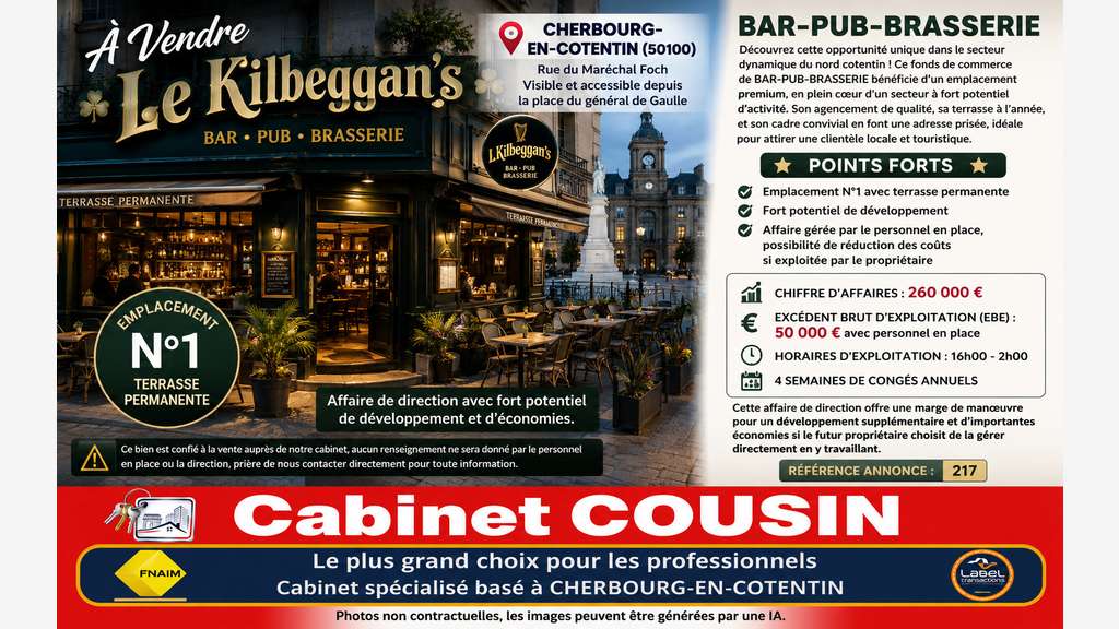 Vente bar pub brasserie Rue Foch à Cherbourg