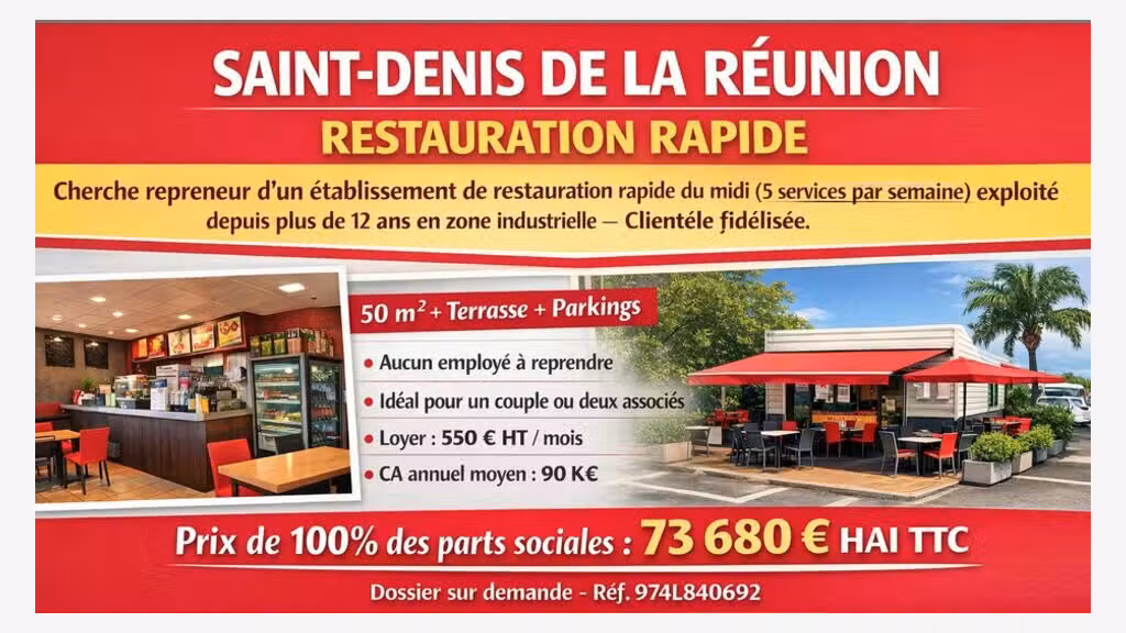 A vendre 100% parts sociales snack Saint Denis