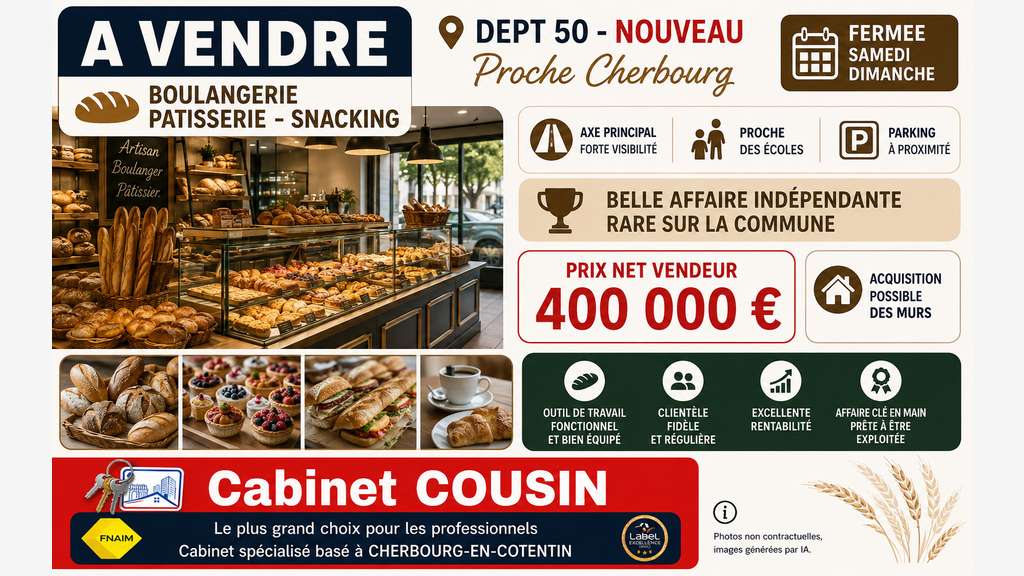 Vente boulangerie pâtisserie snack à Octeville