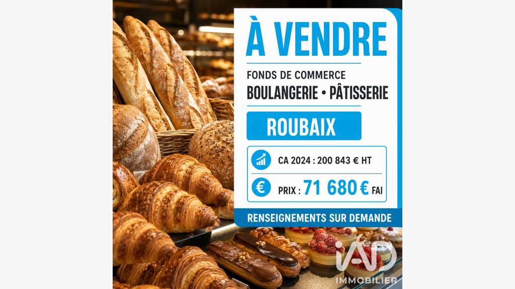 Vente boulangerie patisserie implantée à Roubaix