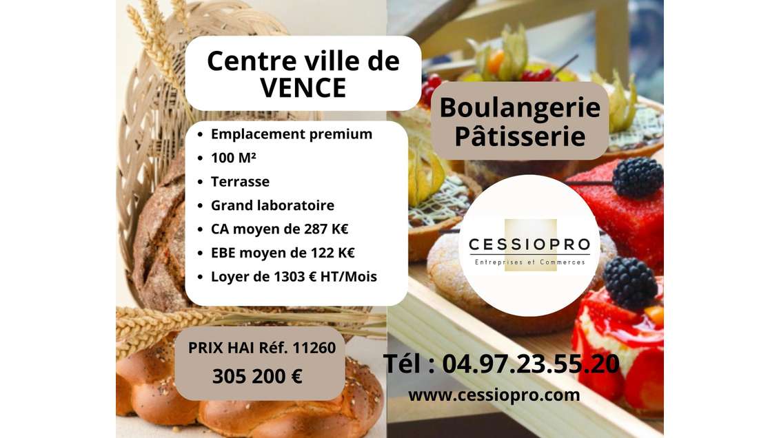 Vente boulangerie pâtisserie en centre ville Vence